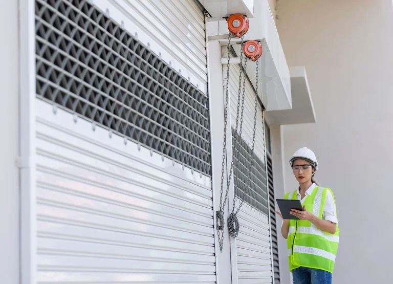 Woman in hard hat and safety vest using a tablet near a roll-up door