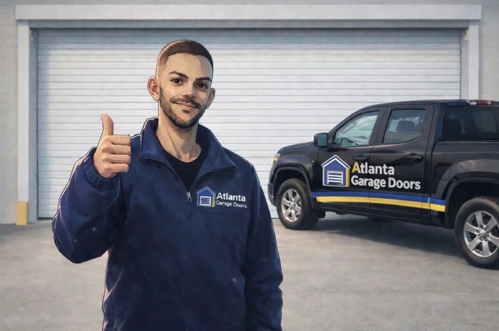 Man in blue uniform giving thumbs up in front of garage door and truck.