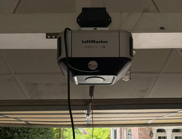 LiftMaster garage door opener mounted on a ceiling