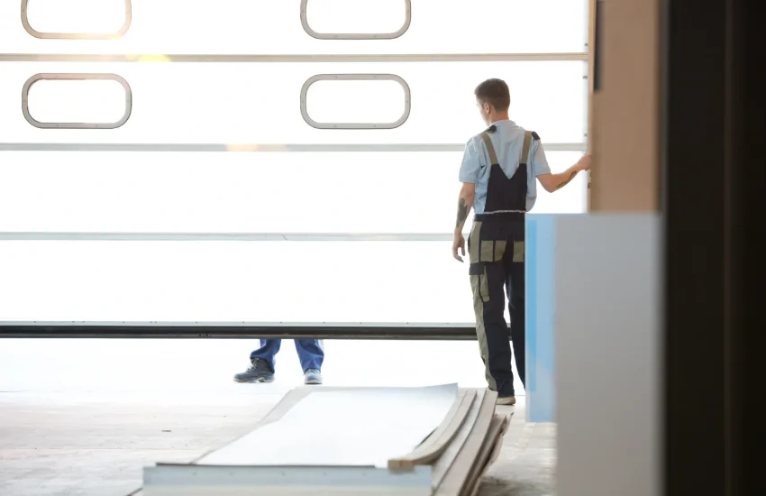 Man in overalls opening a large white garage door with another person's feet visible.