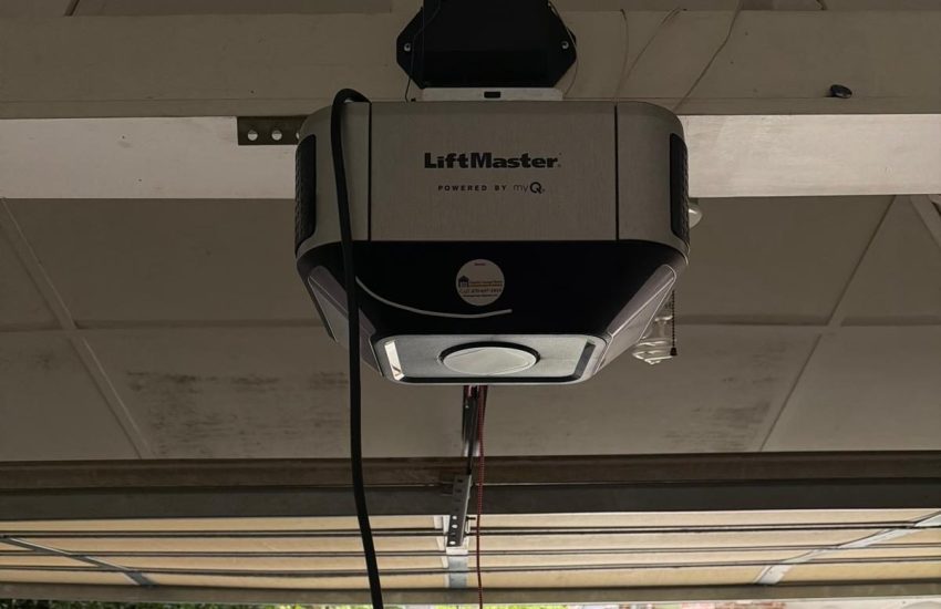 LiftMaster garage door opener mounted on a ceiling