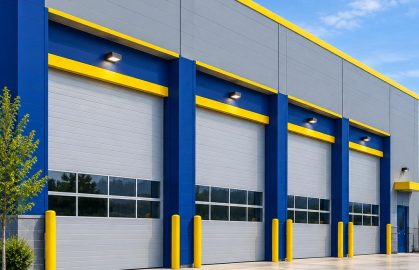 Modern commercial building with blue and yellow accents and multiple garage doors.