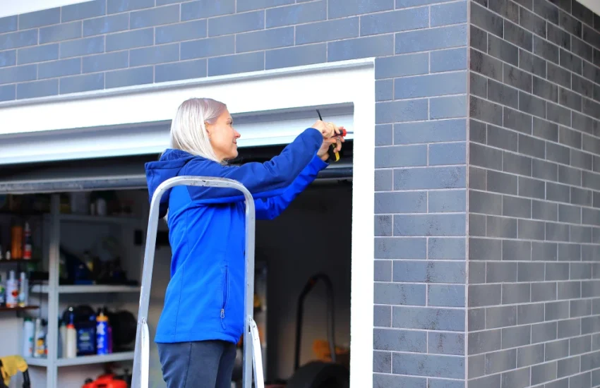 Woman on ladder repairing garage door with screwdriver